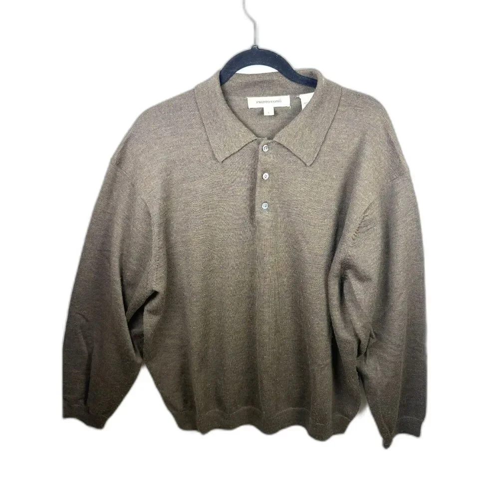 Pronto Uomo Extra Fine Merino Wool Polo Sweater Mens L Taupe Brown 3 Button